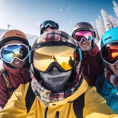 Gruppe Skifahrer mit Helmen und Skibrillen posiert auf verschneiter Piste