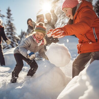 Kinder spielen im tiefen Schnee und bauen Schneebälle draußen