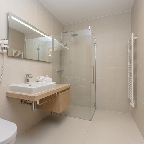 Modernes Badezimmer mit Glasdusche und Waschtisch