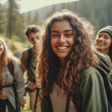Smiling group of young hikers outdoors in a forest