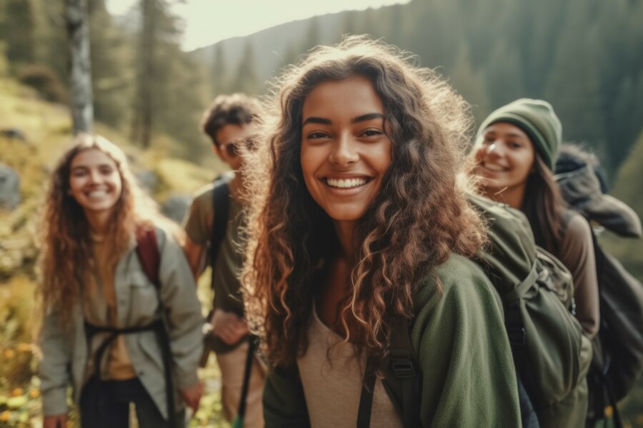 Lächelnde Gruppe junger Wanderer draußen im Wald