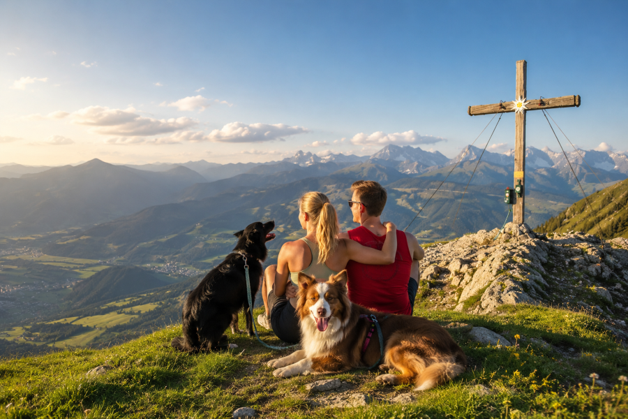 Paar mit zwei Hunden auf Bergkamm neben Kreuz.