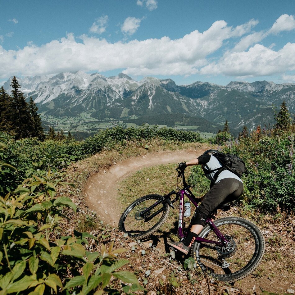 Mountainbiker in Kurvenlage auf Waldpfad in Alpenlandschaft