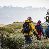 Gruppe Wanderer mit Rucksack wandert über grüne Wiese zur Bergkette | © Sebastian Stiphout