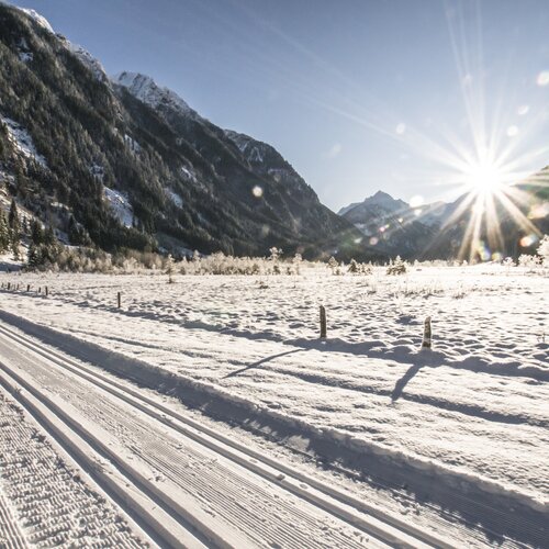Schneebedeckte Tal mit Skipisten, Bäumen und Sonne. | © Gerhard Pilz