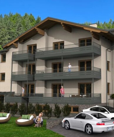 Dreigeschossiges Wohngebäude mit Balkonen, parkenden Autos und Bäumen.