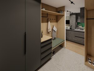 Diele mit dunklen Schränken, Holzwand, Haken und Bank