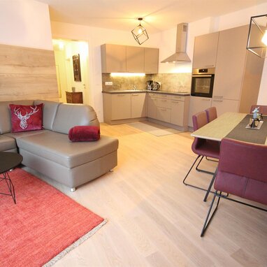 Offener Wohn- und Küchenbereich mit grauer Couch