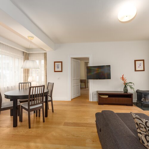 Helles Wohnzimmer mit Essecke, TV und Kamin