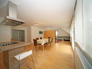 Offene Küche mit Insel, Essbereich und Wohnzimmer im Hintergrund