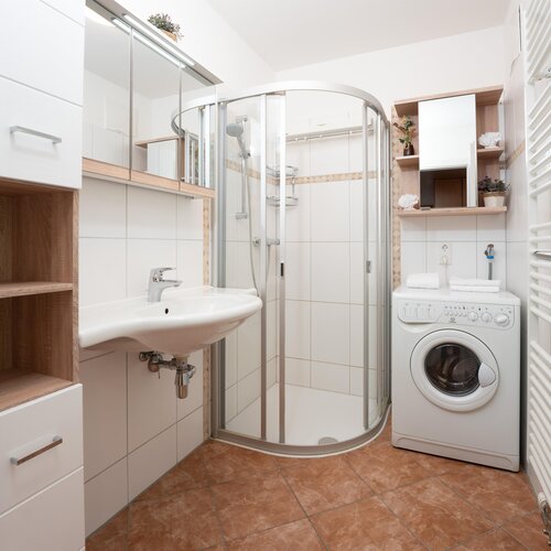 Modernes Badezimmer mit bogenförmiger Glasdusche und Waschmaschine