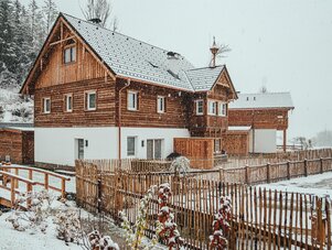 Schneebedecktes Holzhaus mit Zaun und Brücke