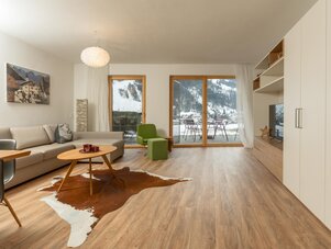 Bright living room with sofa, coffee table, and snowy mountain view
